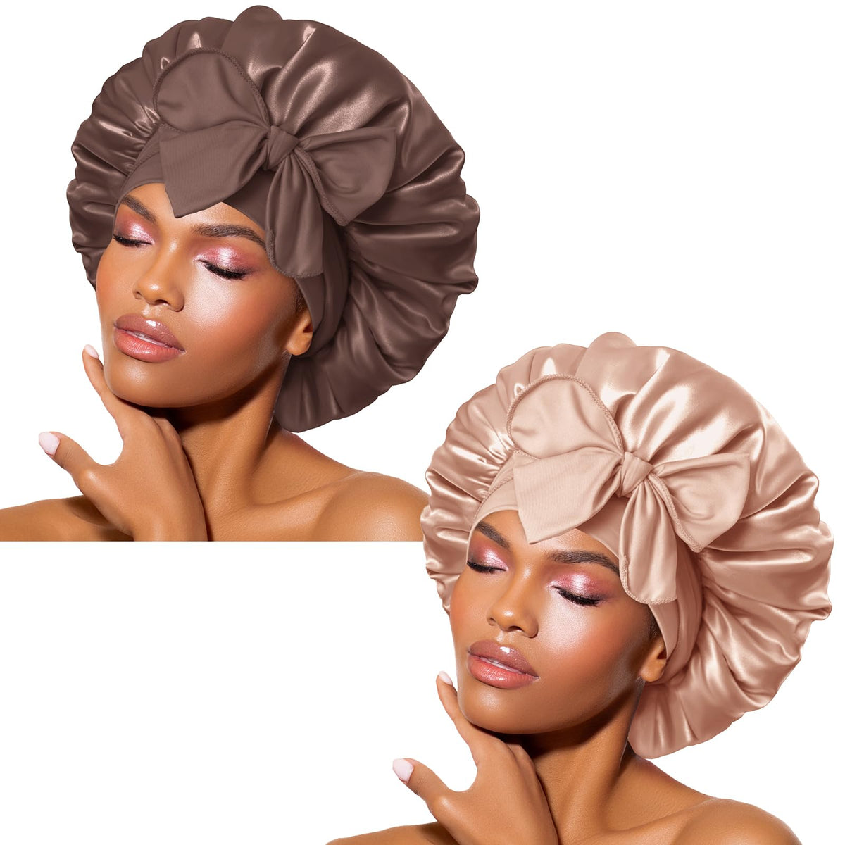 BONNET QUEEN satin sleep bonnet on head for secure overnight wear.
