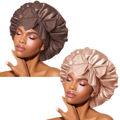 BONNET QUEEN satin sleep bonnet on head for secure overnight wear.
