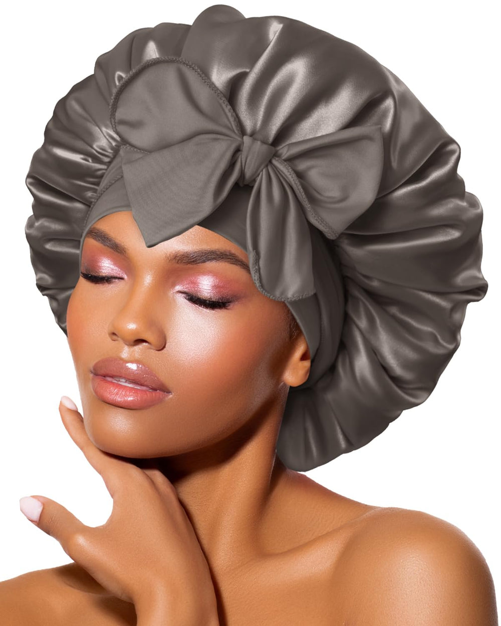 BONNET QUEEN silk bonnet on head showing secure fit for overnight wear