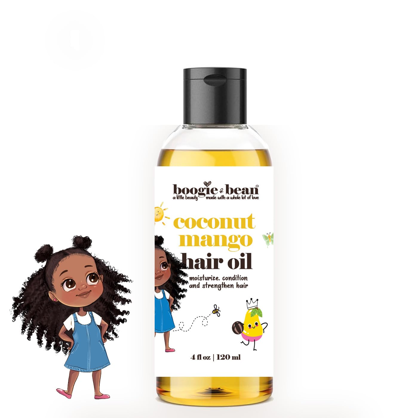 Boogie and Bean Kids Hair Oil bottle pour shows easy, mess-free application.