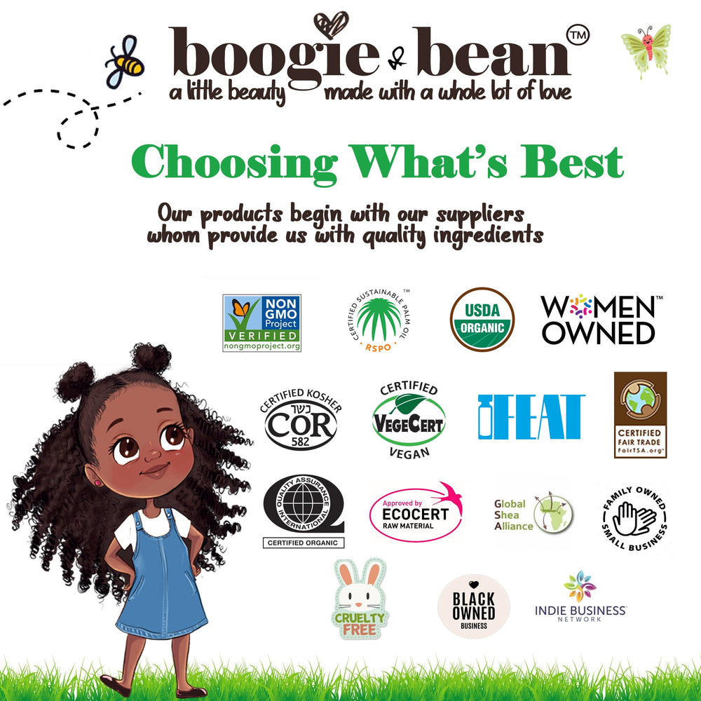 Boogie and Bean cruelty-free vegan label on hair oil emphasizes ethical care.