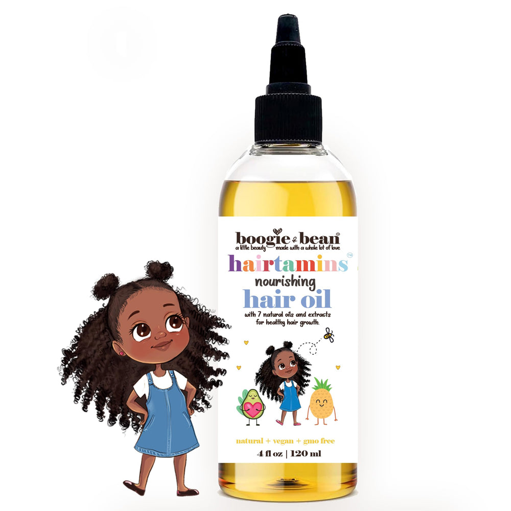 Boogie and Bean kids hair oil bottle boosts scalp moisture for textured hair.