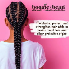 Boogie and Bean kids hair oil on curls adds shine and frizz control.