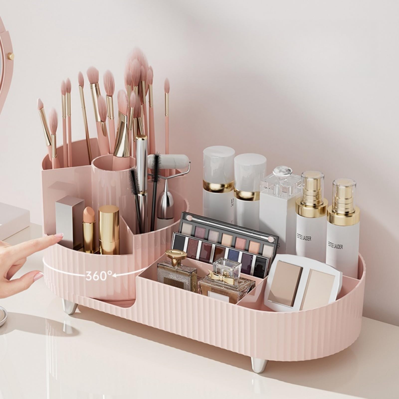 Booklov cosmetic display case pink offers rotating access for quick makeup selection.
