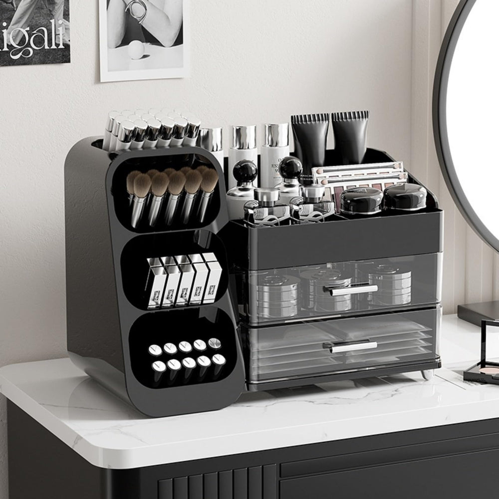 Booklov-drawer-system-organization demonstrates efficient storage for a full makeup collection.