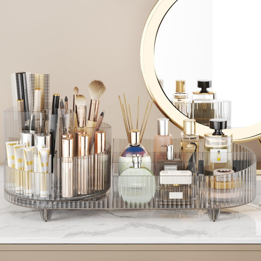 Booklov large-capacity cosmetic display holds brushes, skincare, and cosmetics neatly.