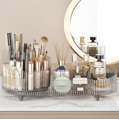 Booklov large-capacity cosmetic display holds brushes, skincare, and cosmetics neatly.