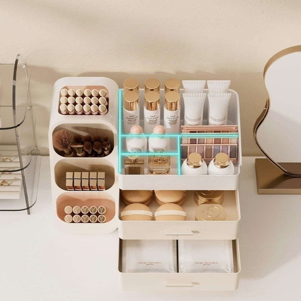 Booklov makeup organizer drawers lipstick-row—lipsticks stored for easy access and visibility.
