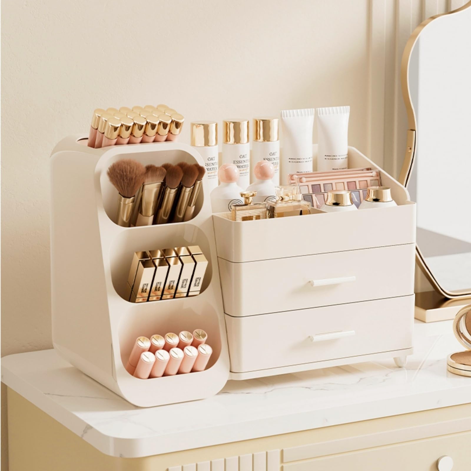 Booklov makeup organizer drawers palette-area—compact space for palettes and powders.