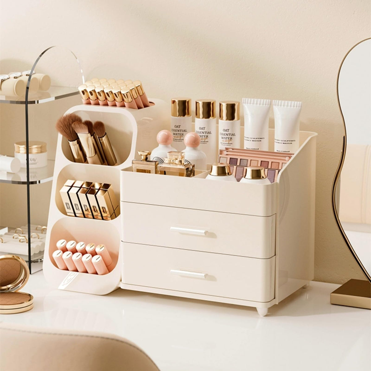 Booklov makeup organizer drawers vanity-front—elegant storage keeps cosmetics neatly arranged.