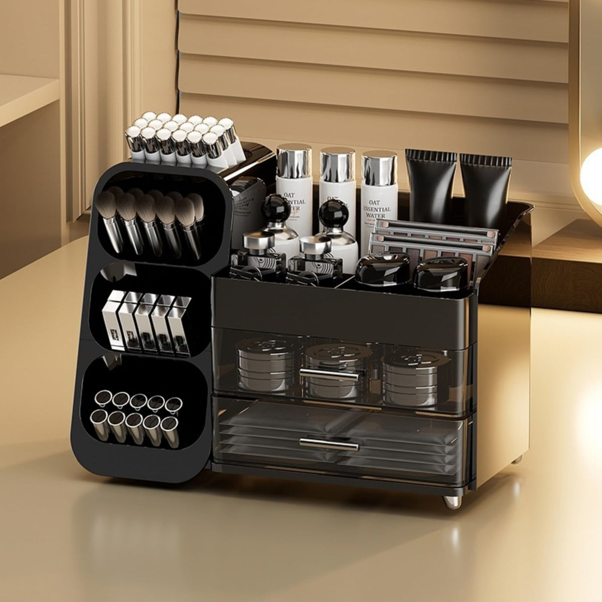 Booklov makeup-organizer-drawers-vanity keeps cosmetics neatly organized and within easy reach.