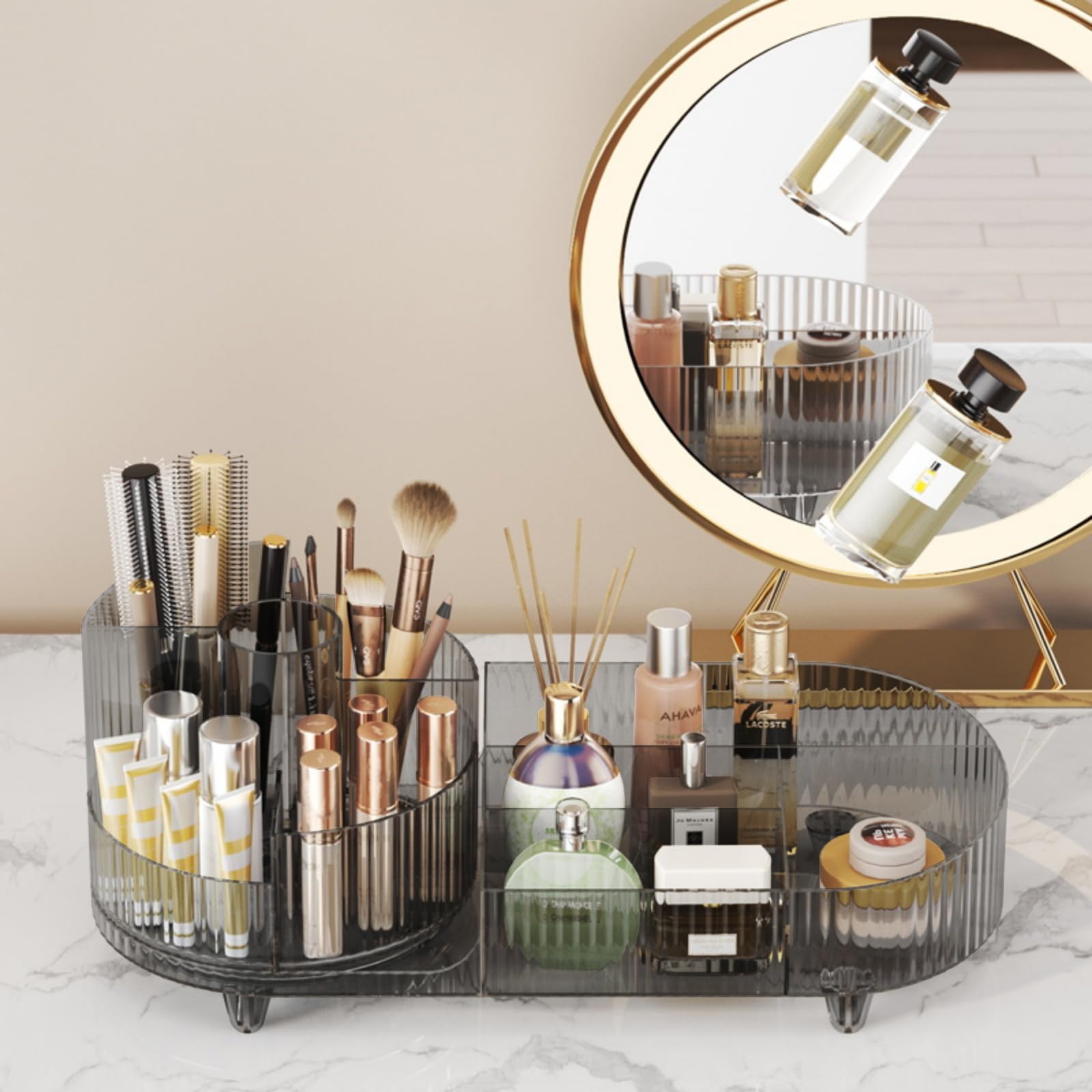 Booklov multifunction vanity organizer doubles as bathroom storage for toiletries.