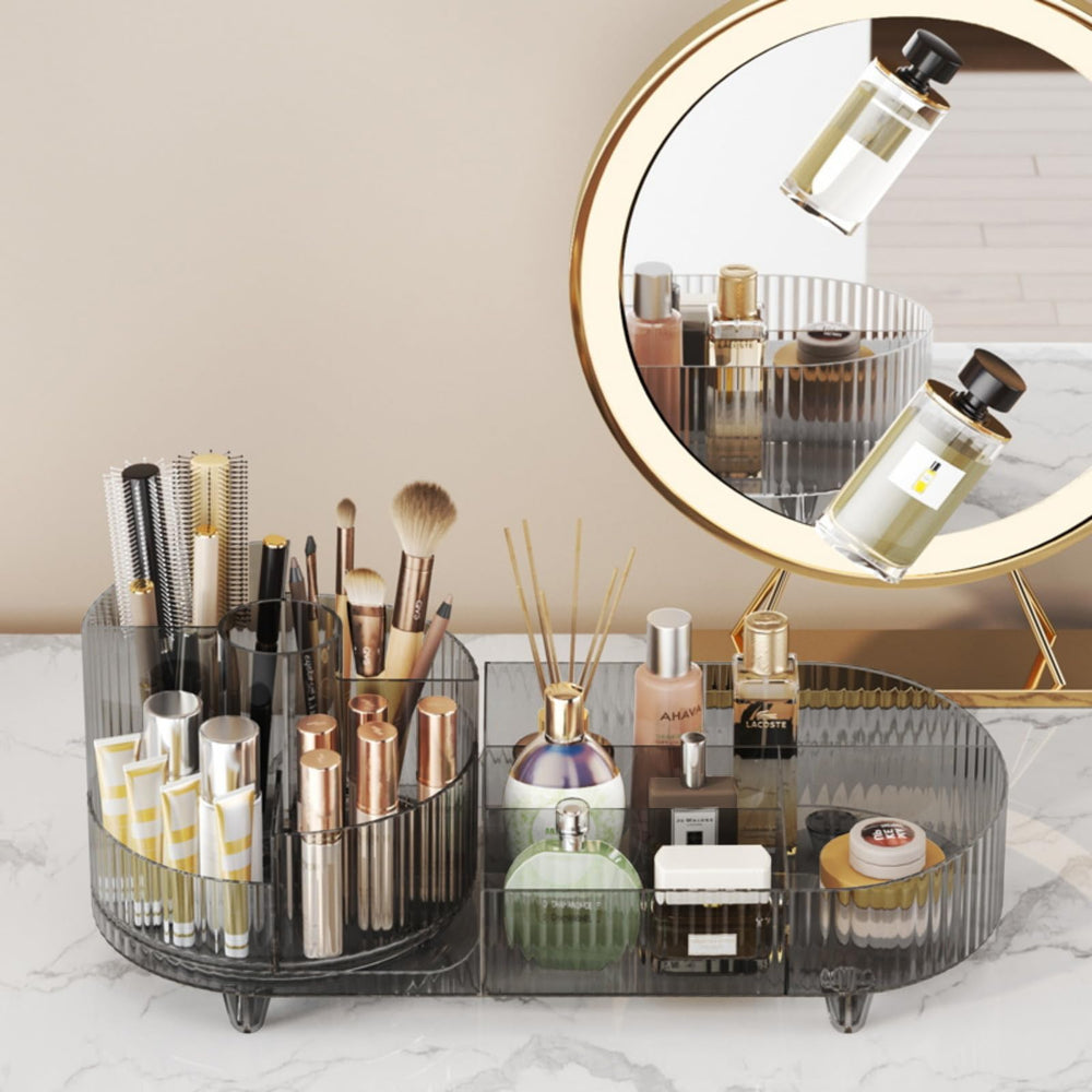 Booklov multifunction vanity organizer doubles as bathroom storage for toiletries.