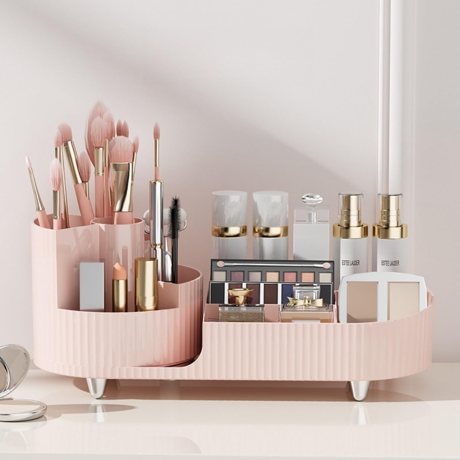 Booklov pink finish vanity storage enhances space efficiency during morning routines.