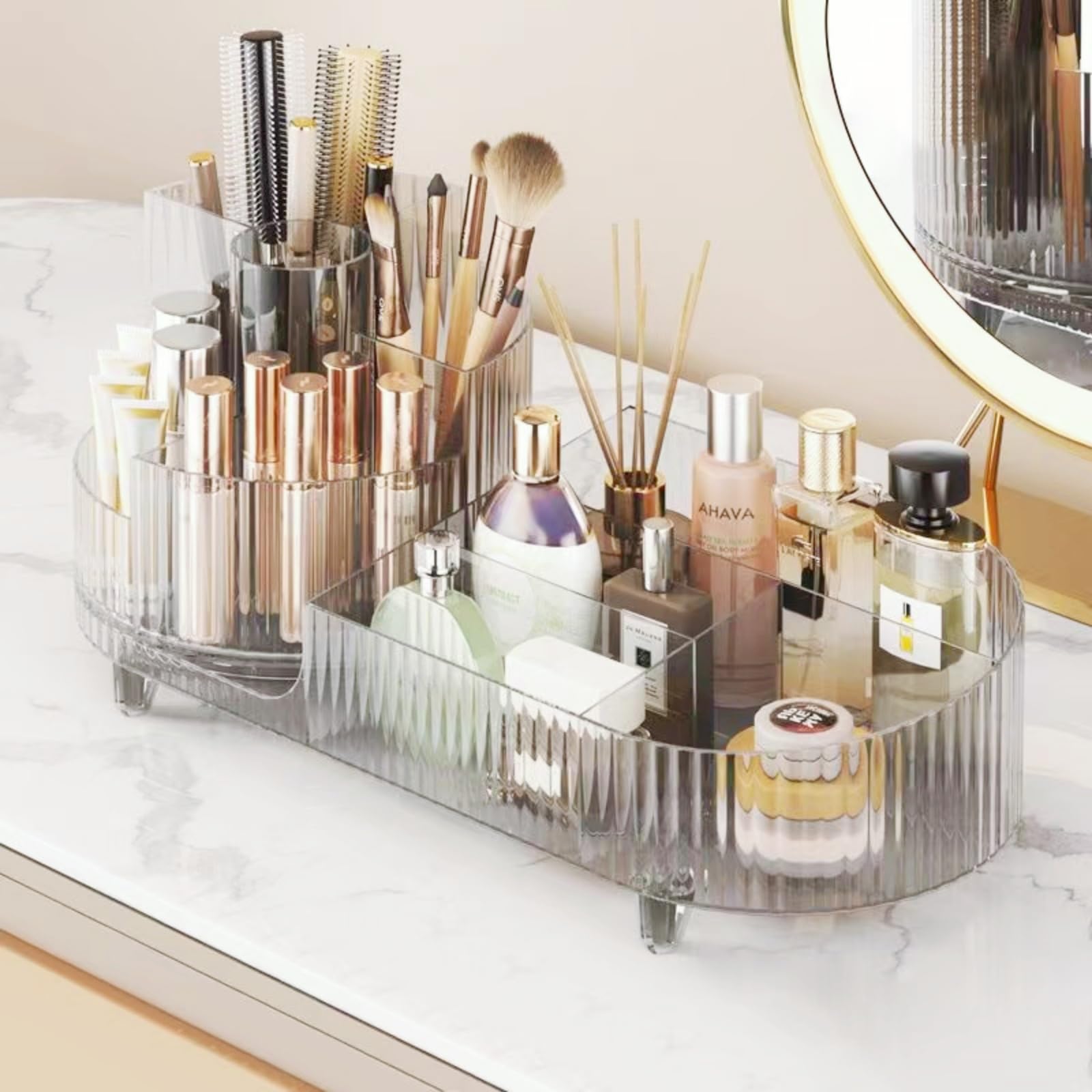 Booklov rotating makeup organizer with 360° access for easy morning routine access.