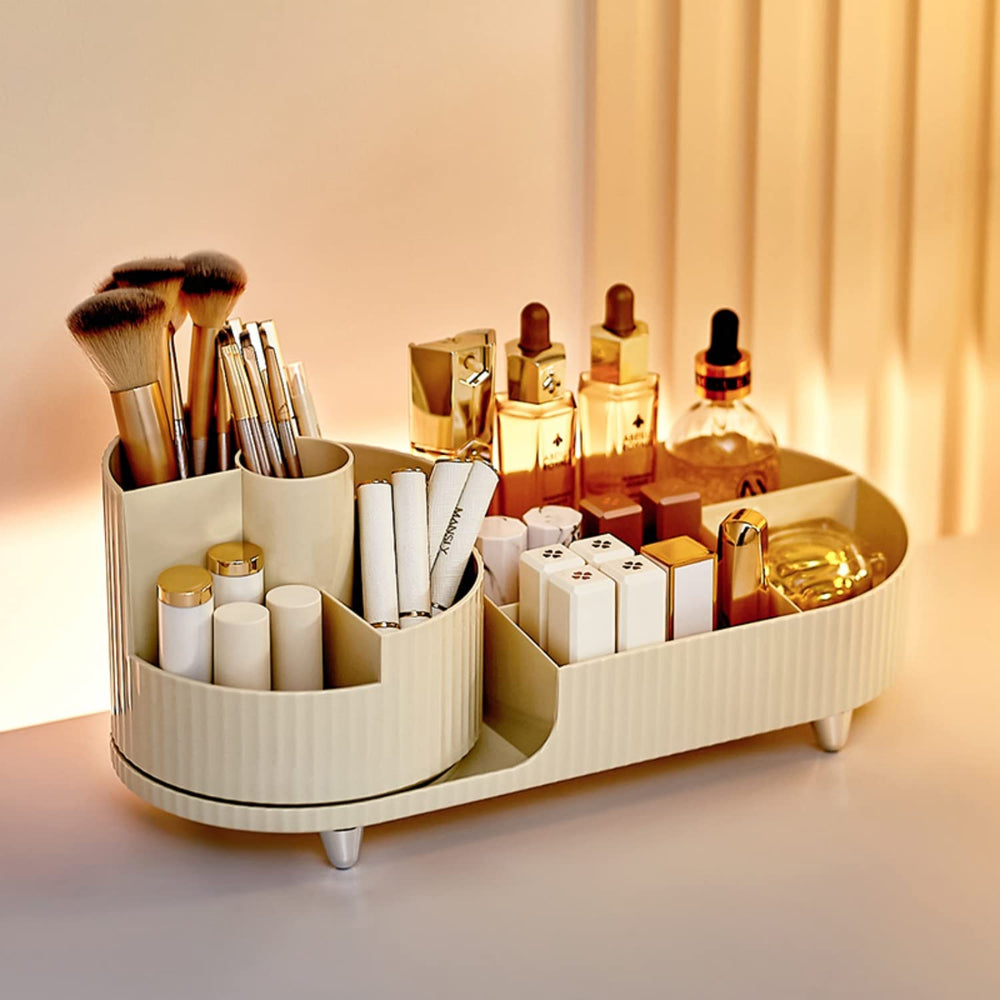 Booklov rotating organizer closeup in ivory suits a chic vanity setup.