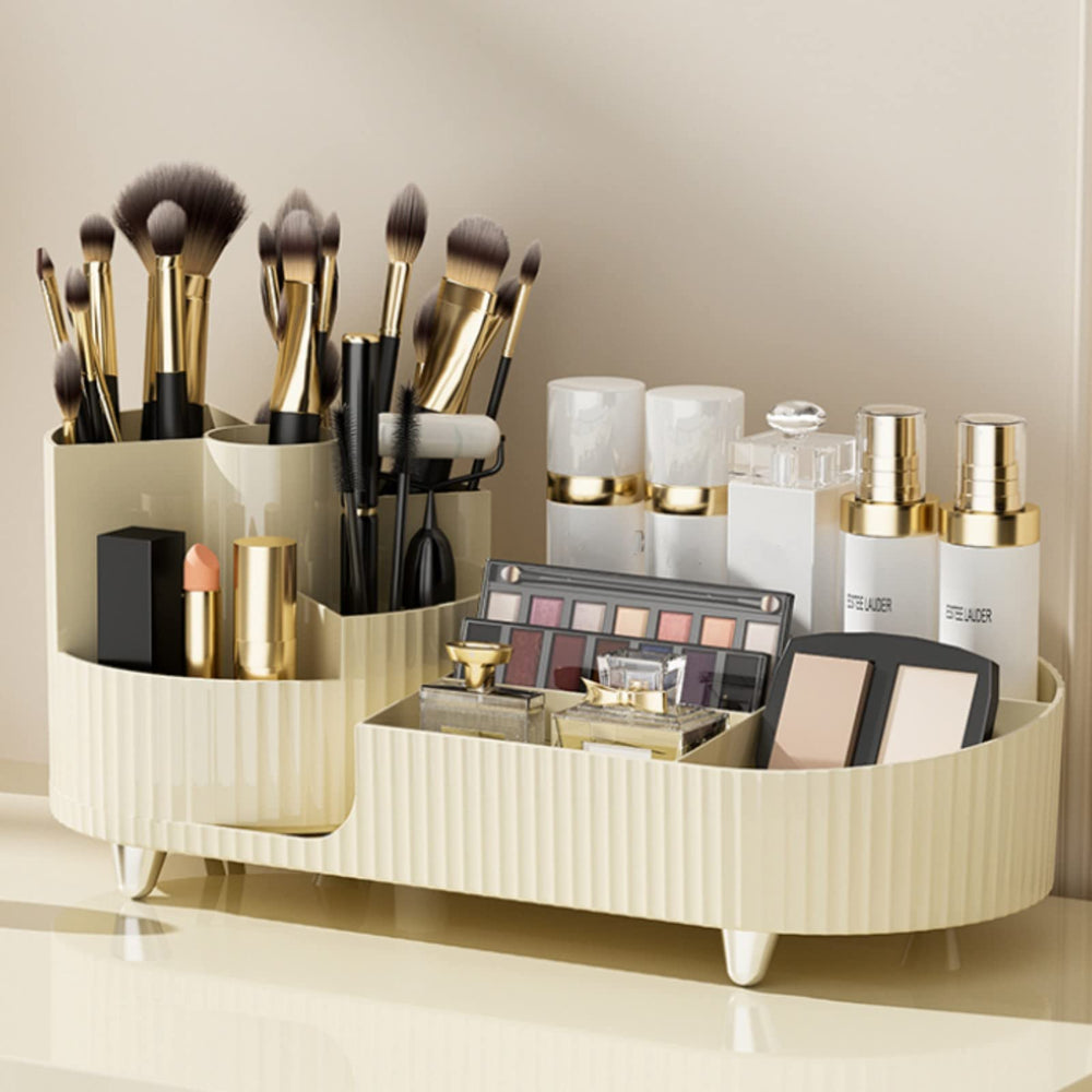 Booklov rotating makeup organizer in ivory, top view, keeps brushes within easy reach.