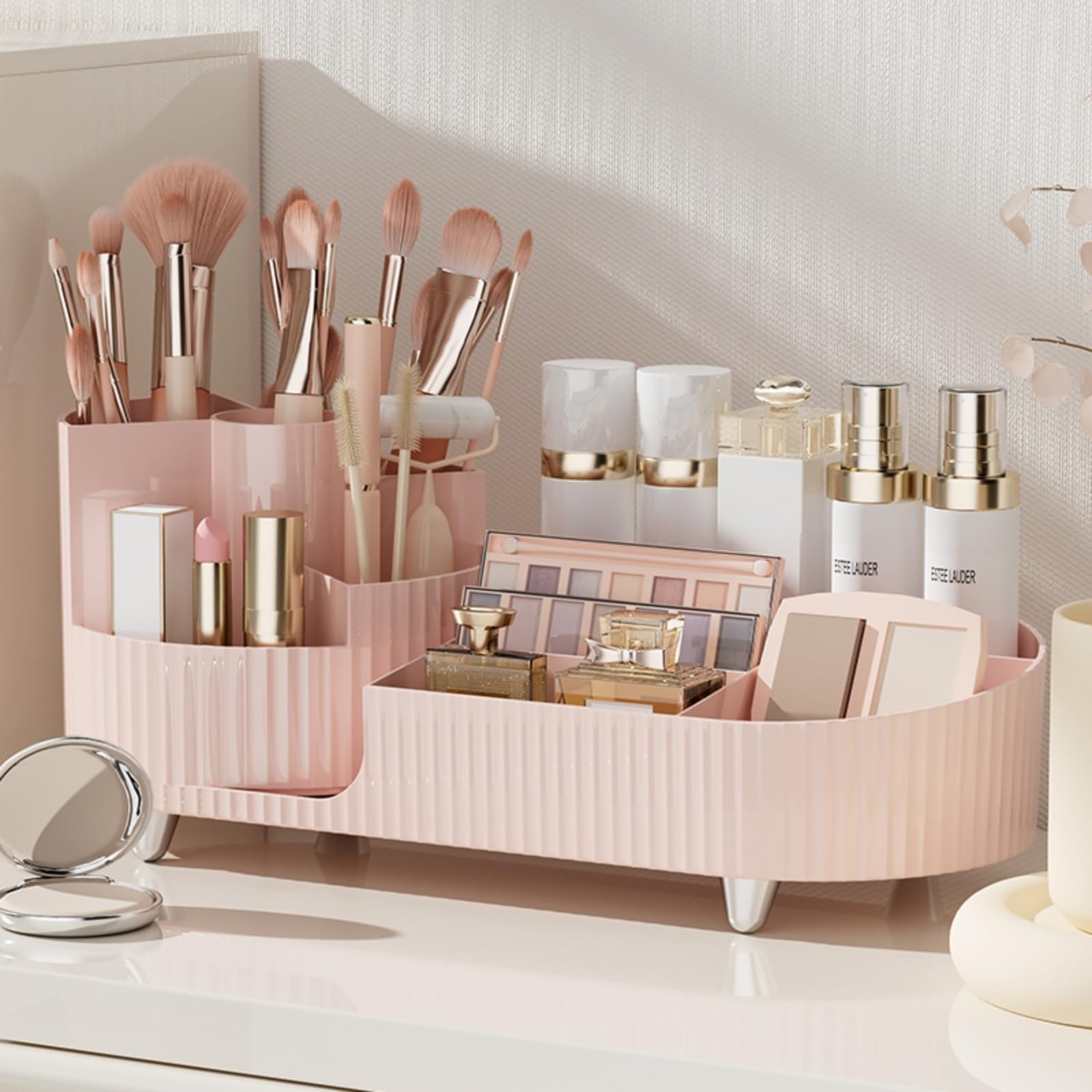 Booklov rotating makeup organizer with large capacity keeps cosmetics organized on the dresser.