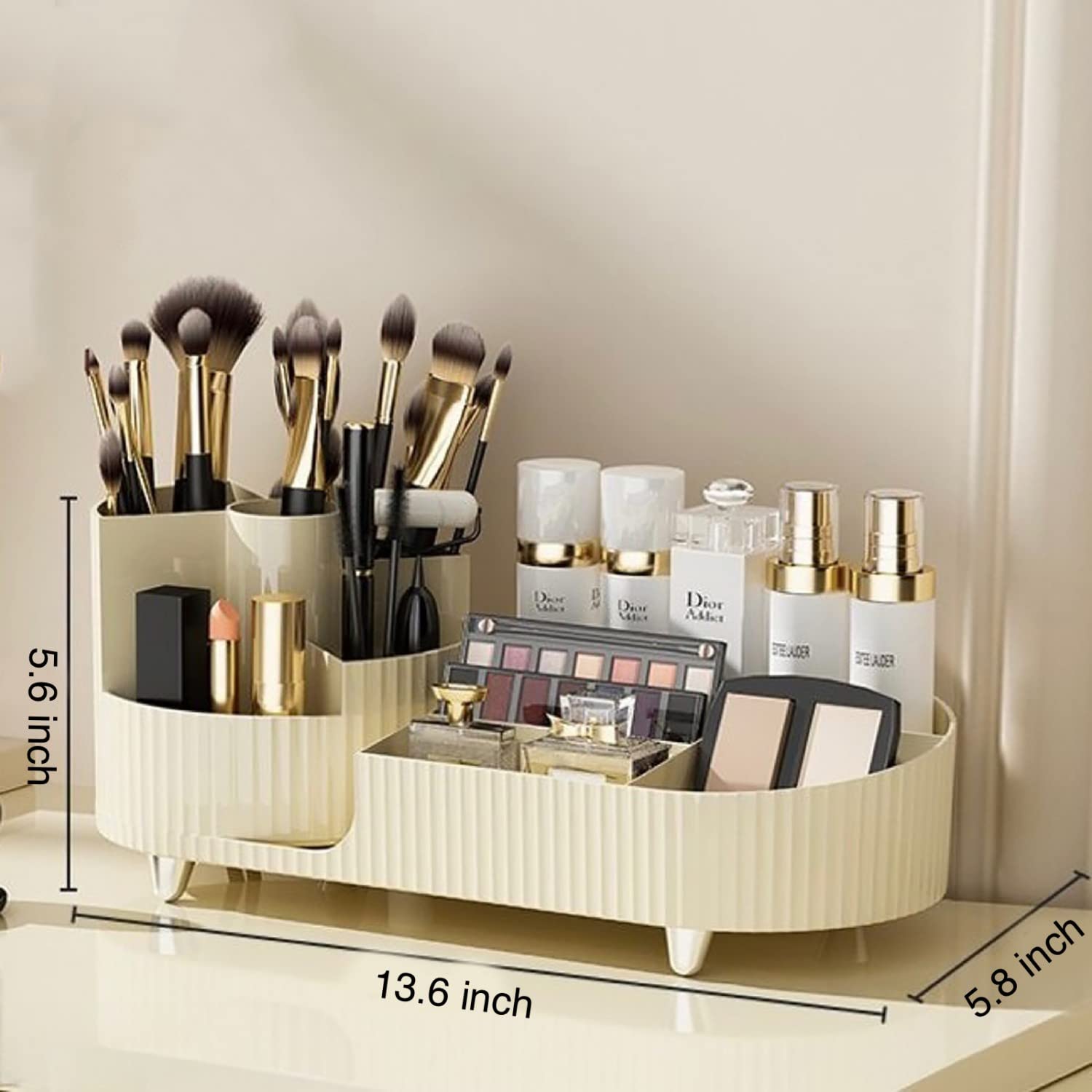 Booklov rotating organizer ivory demonstrates skincare compartments for neatly separated products.