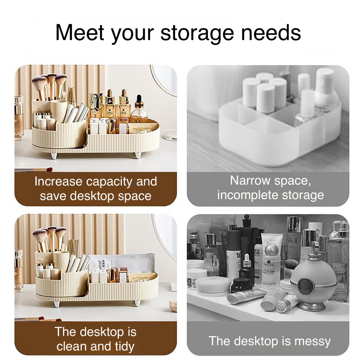 Booklov rotating makeup organizer tilt view highlights smooth rotation design.