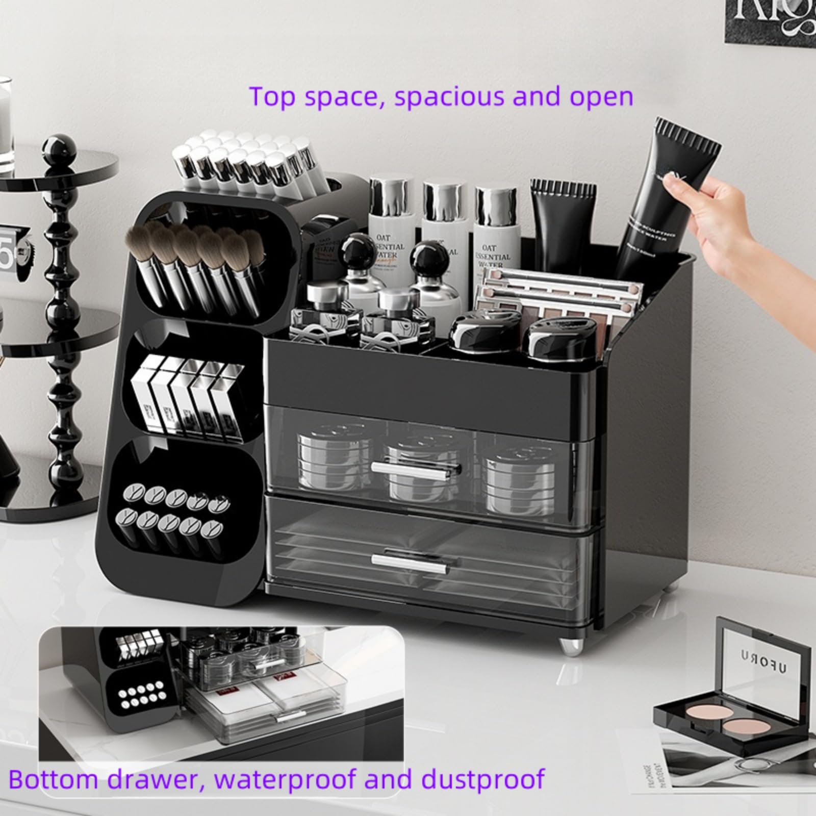 Booklov-vanity-aesthetic-sleek-black enhances a chic, stylish makeup area with practical storage.