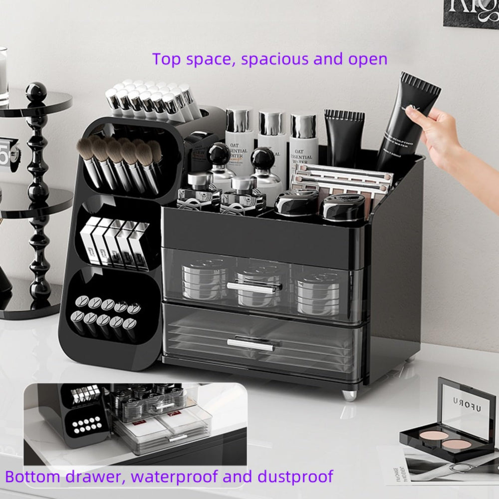 Booklov-vanity-aesthetic-sleek-black enhances a chic, stylish makeup area with practical storage.