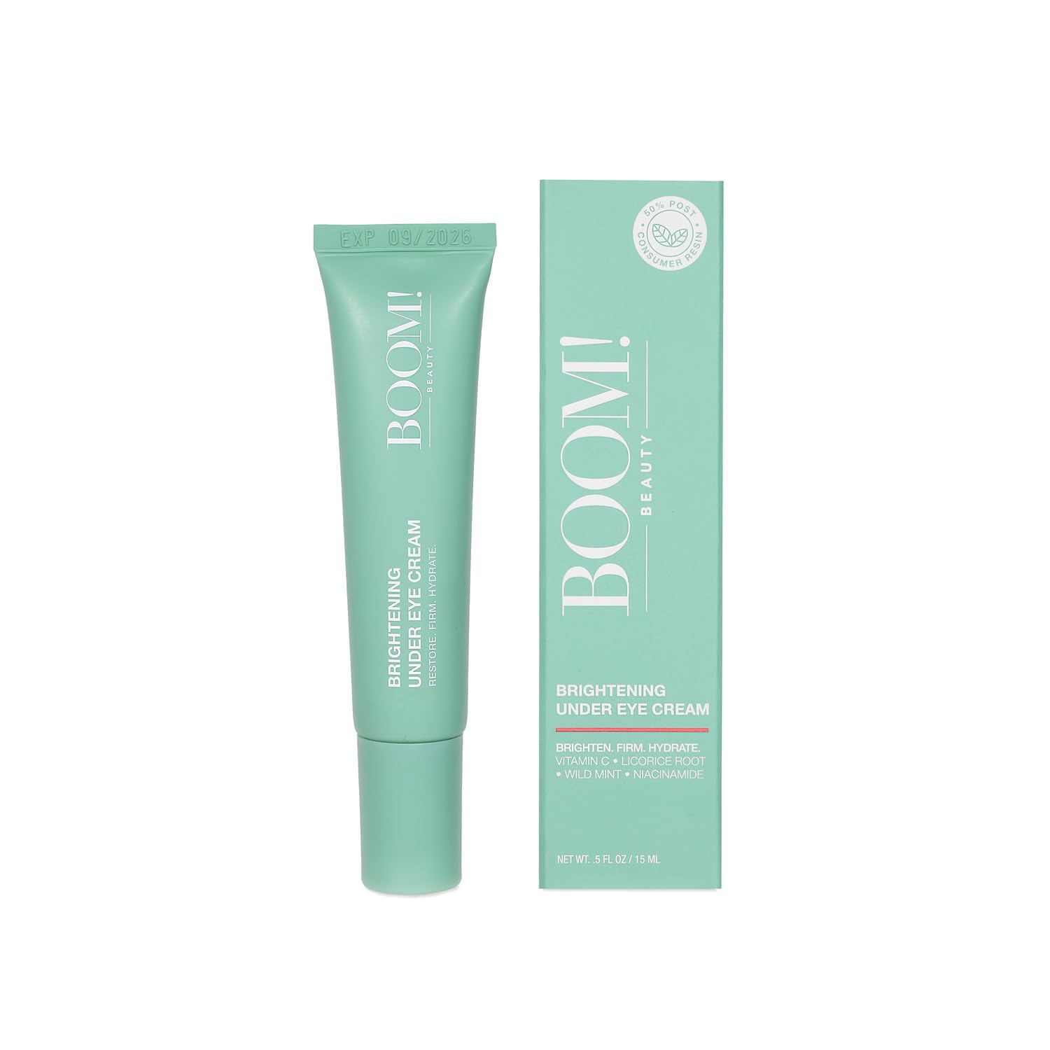 BOOM! packaging made with 50 percent PCR materials for eco-conscious skincare.