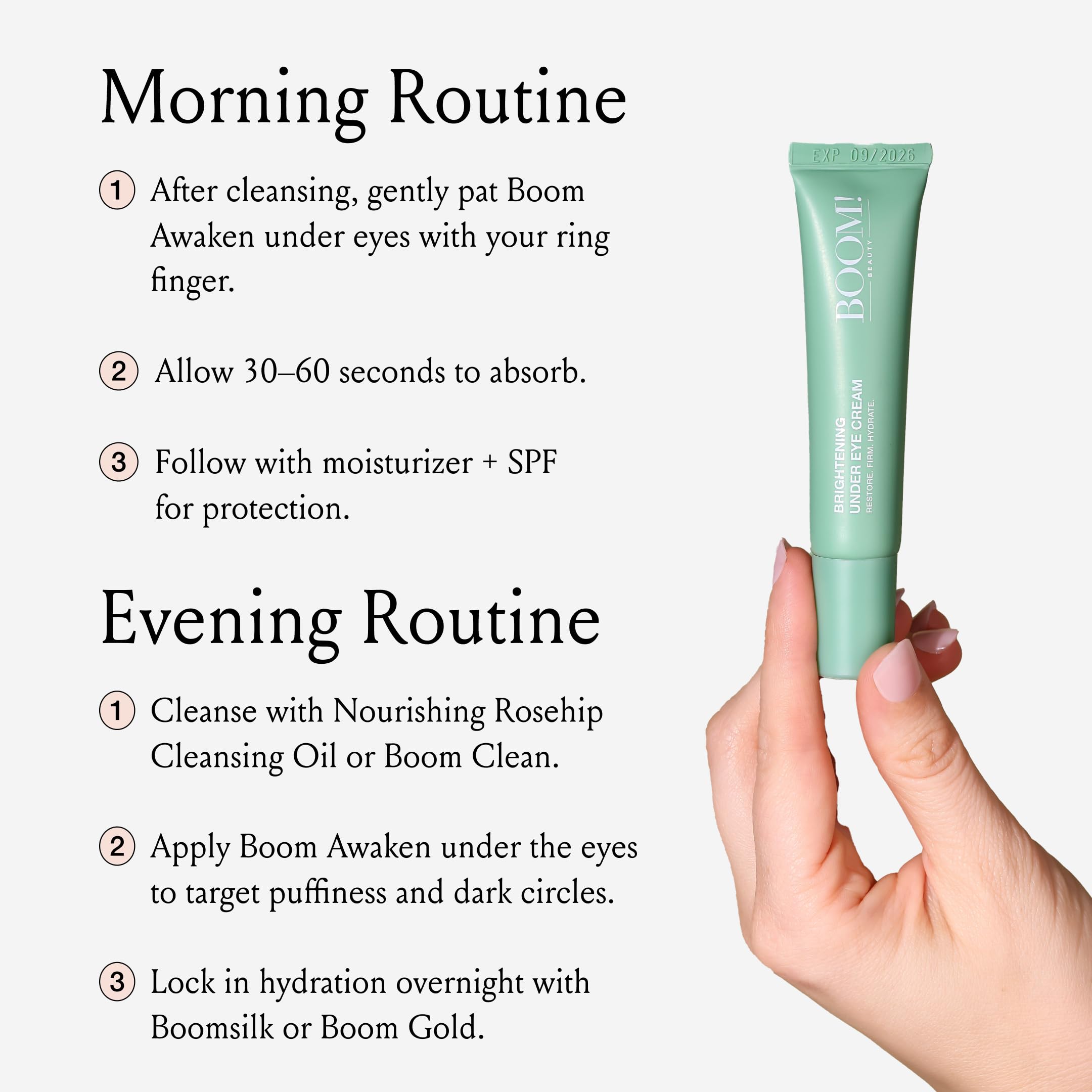 BOOM! under-eye cream results in soft radiance with a natural, diffused finish.