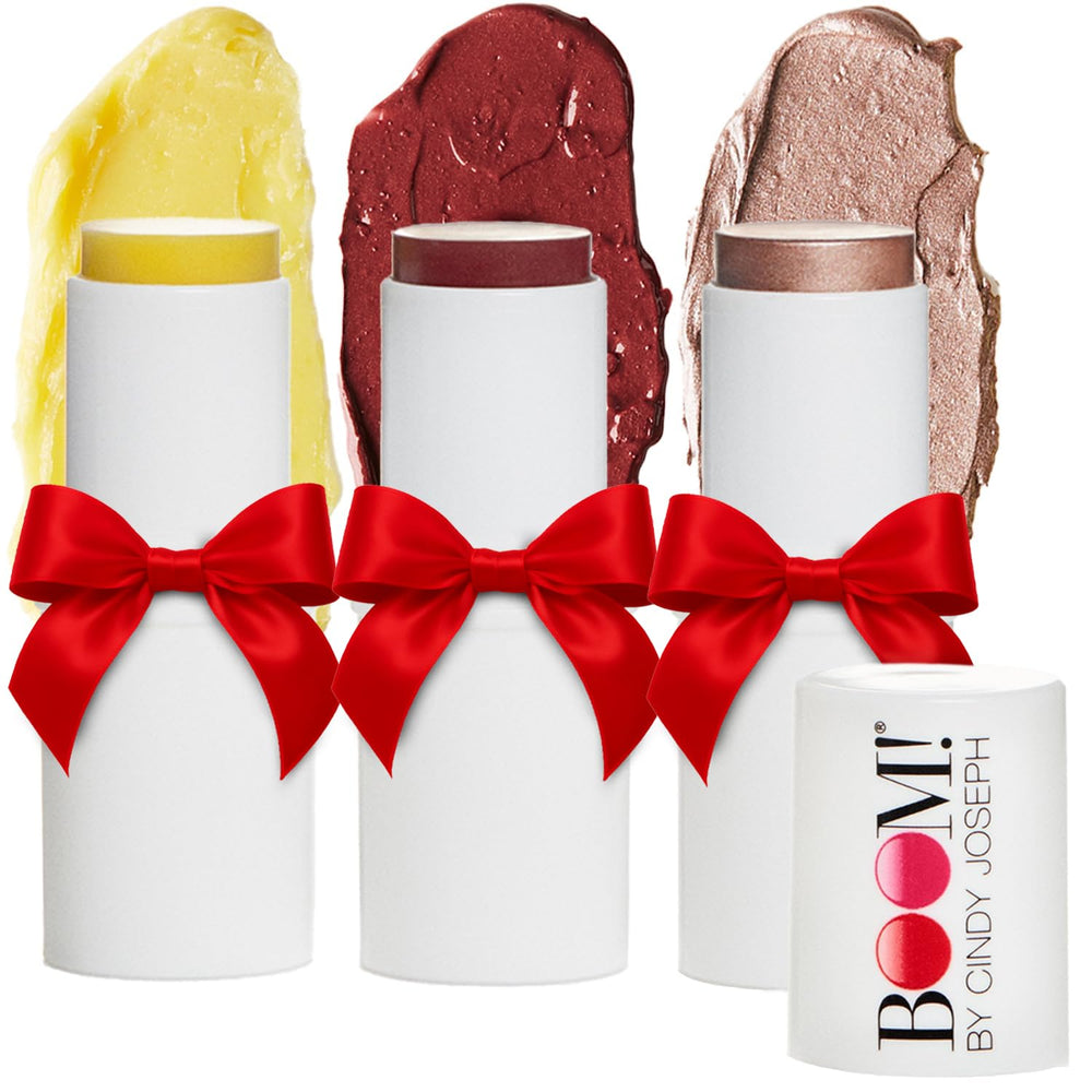 BOOM! by Cindy Joseph Boomstick Trio berry blush cream swatch on cheek for natural tint