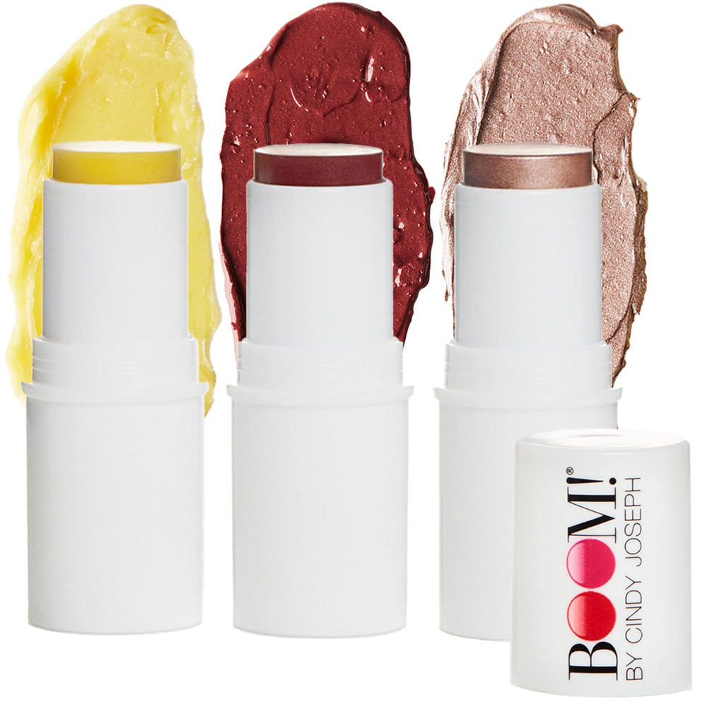 BOOM! by Cindy Joseph lifestyle shot highlights multi-use stick for cheeks, eyes, and lips
