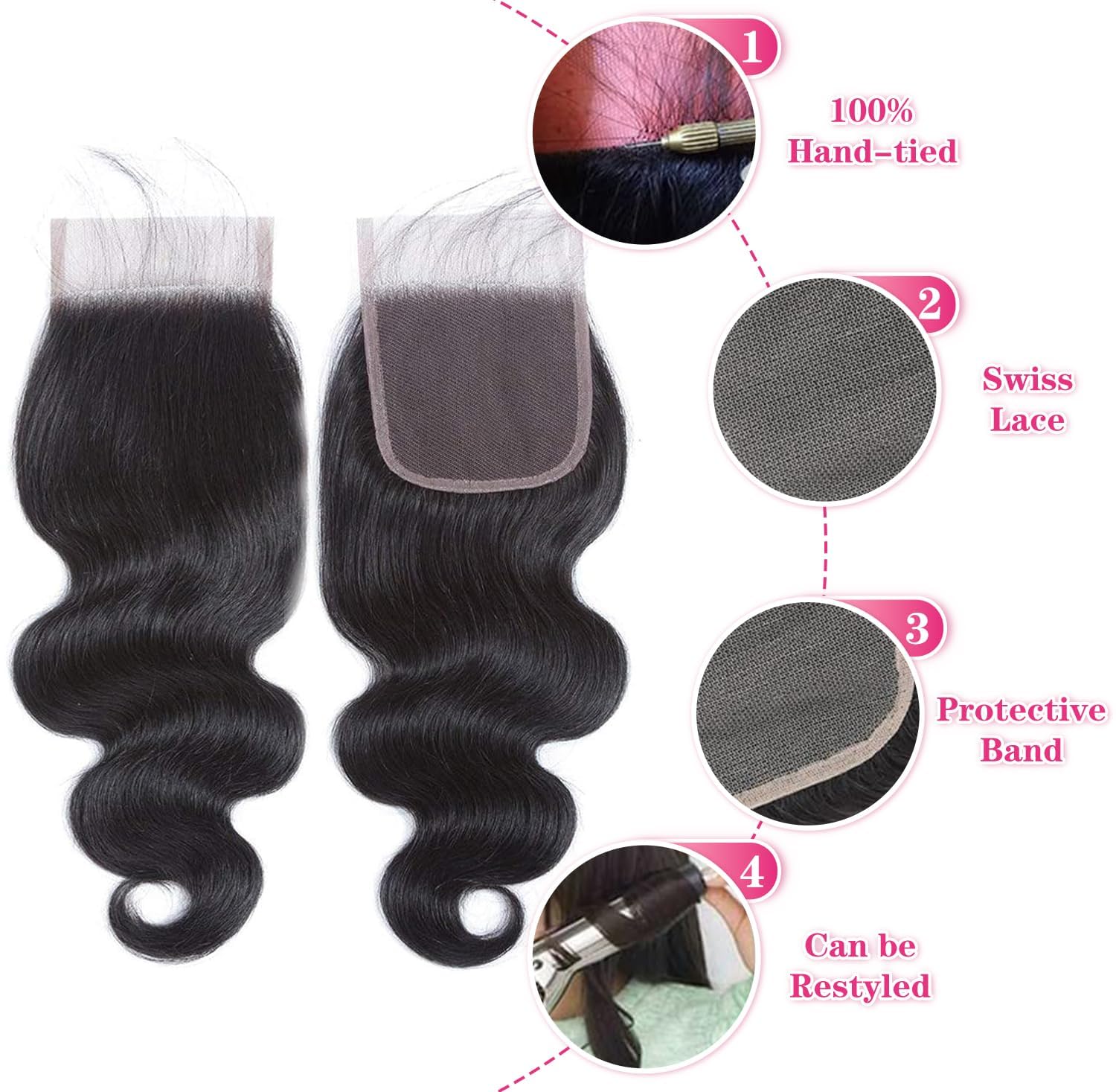Boopwine brazilian virgin hair 150 density closure for fuller, seamless blends