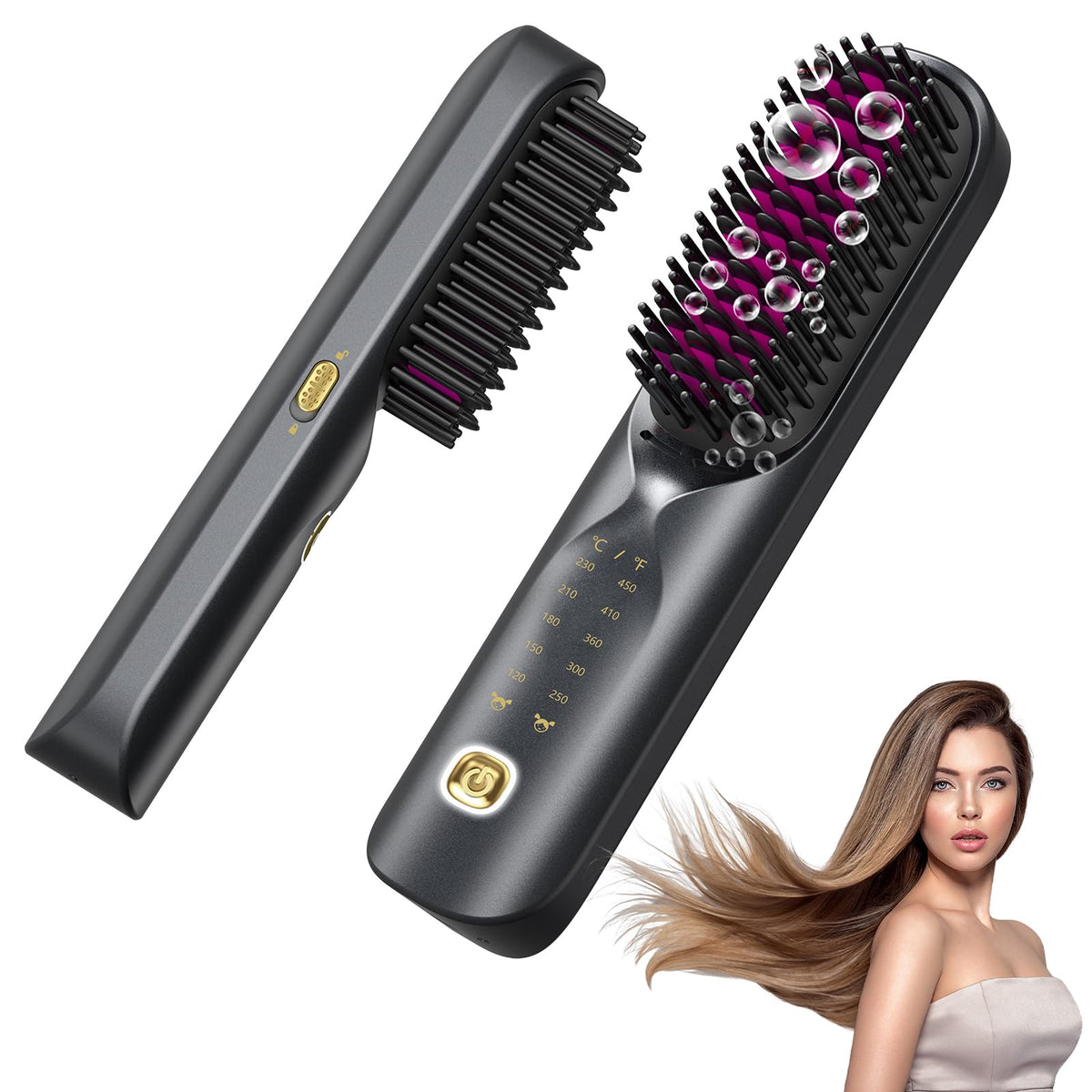 Bopcal cordless straightener brush in travel pouch for on-the-go styling.
