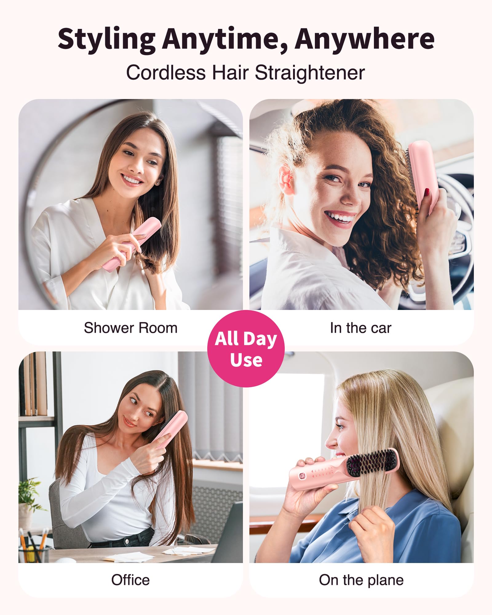 Bopcal powder pink cordless straightener shows compact design for sleek travel touch-ups.