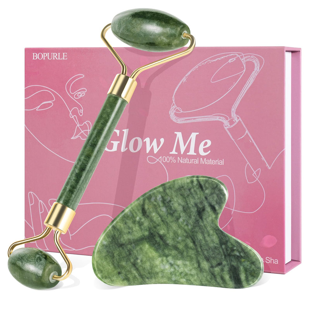 Bopurle jade roller in green closeup promotes cooling, radiant skin and gentle circulation.