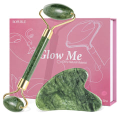 Bopurle jade roller in green closeup promotes cooling, radiant skin and gentle circulation.