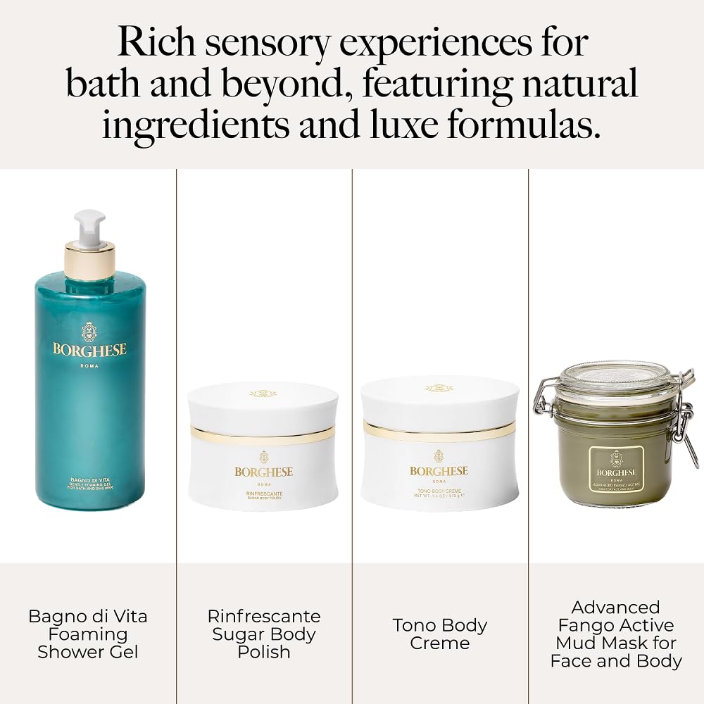 Borghese Bagno di Vita shower application shows gentle, foaming cleanse for daily use.