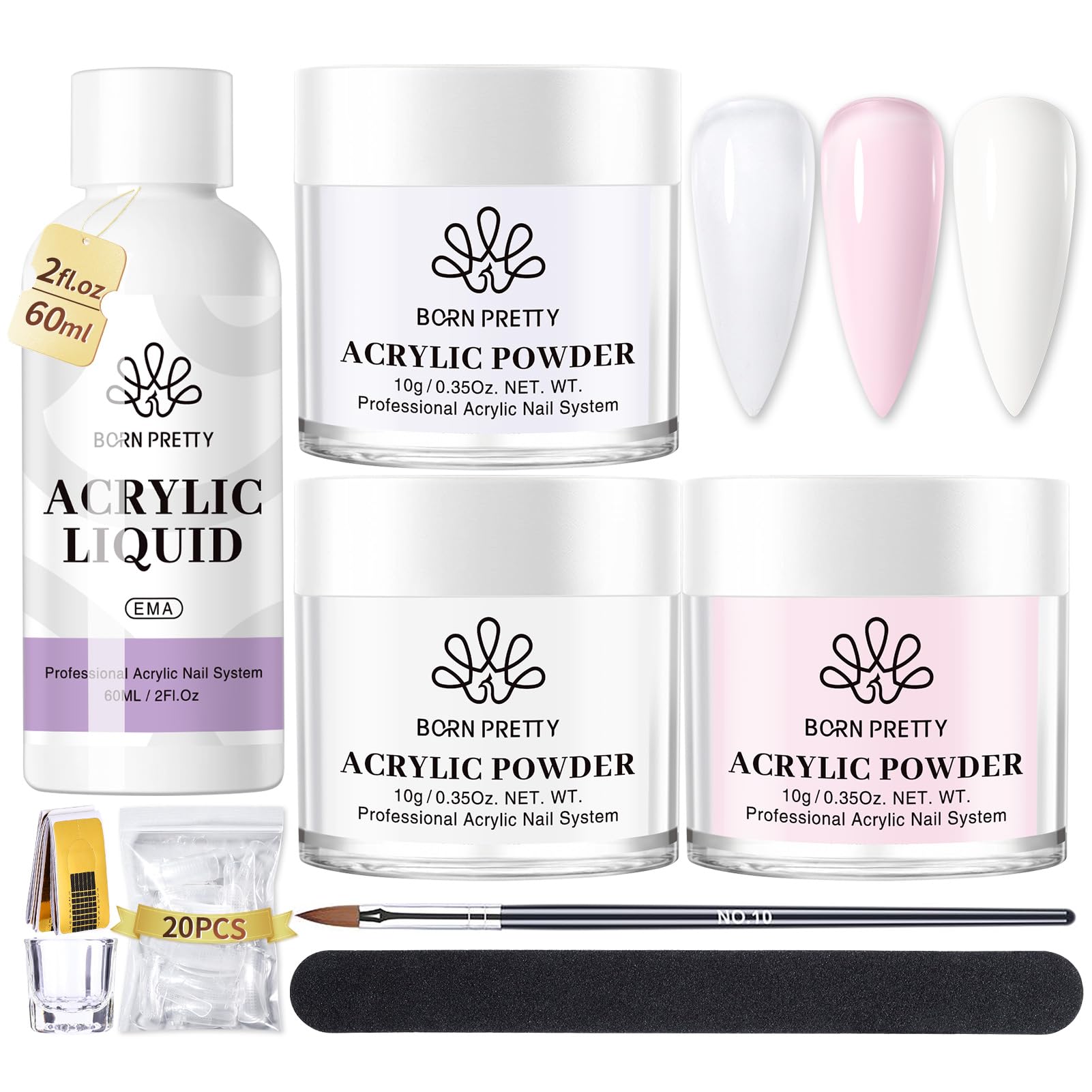 Born Pretty acrylic nail kit contents—powders and tools for easy at-home practice.