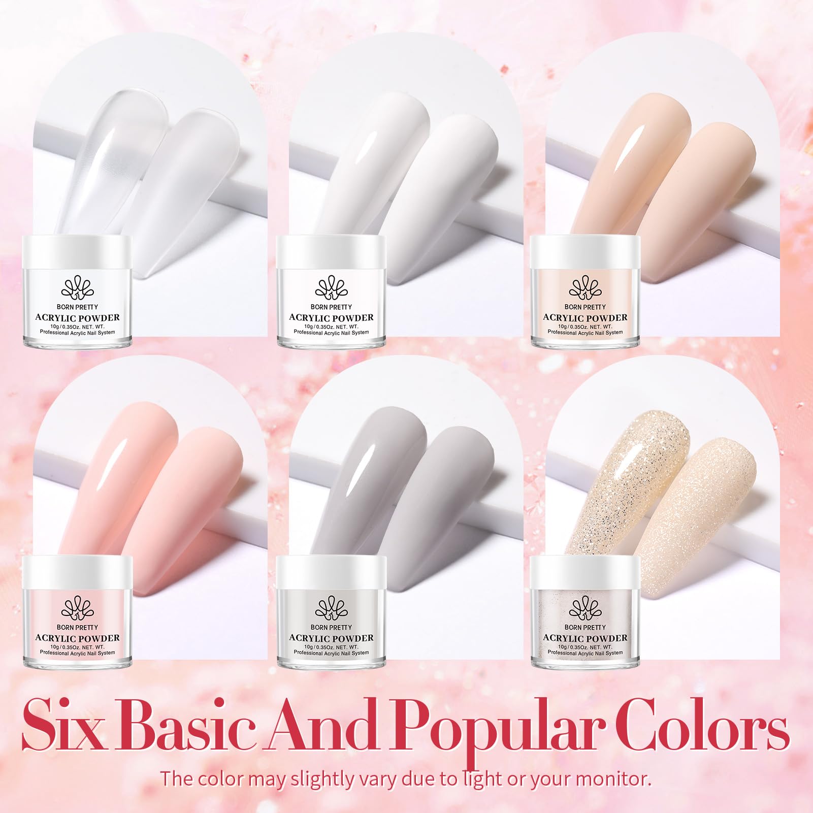 Born Pretty acrylic powder boxes offer six colors for versatile nail art.