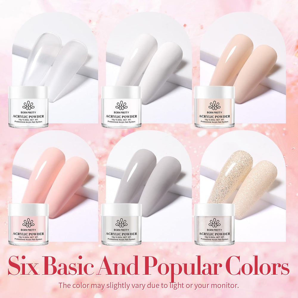 Born Pretty acrylic powder boxes offer six colors for versatile nail art.
