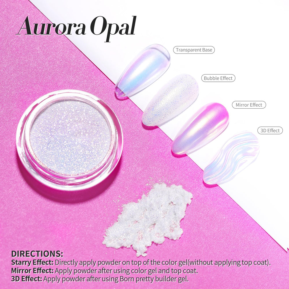 Born Pretty auroras pearl powder creates a soft mermaid glow on UV gel nails.