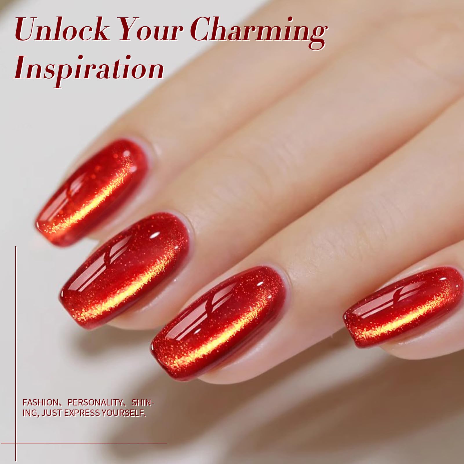 Born Pretty Cat Magnetic Eye Gel Nail Polish on fingertip with shimmering red glow.