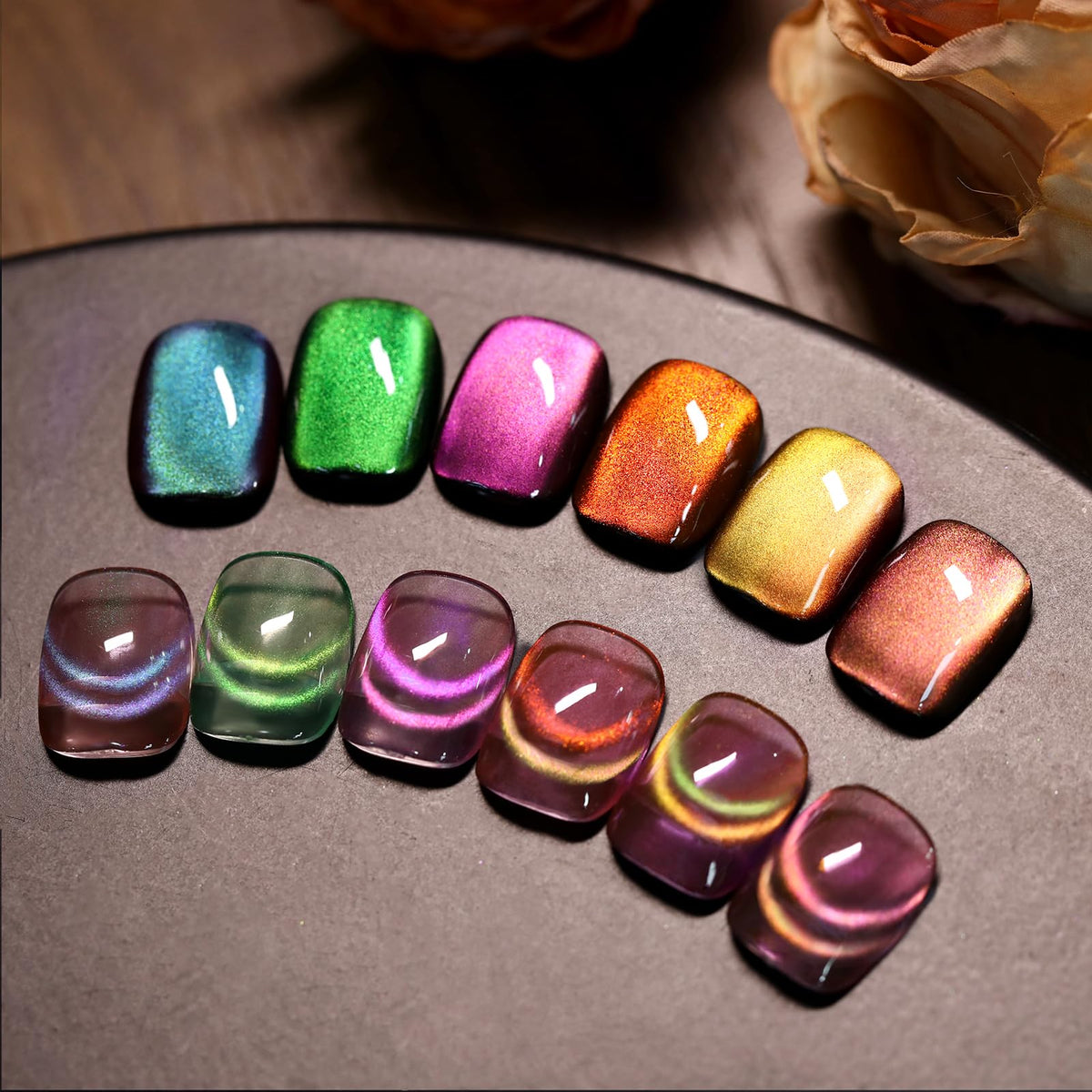 Born Pretty cat magnetic gel polish Rainbow Aurora kit shows colorful cat-eye effects.