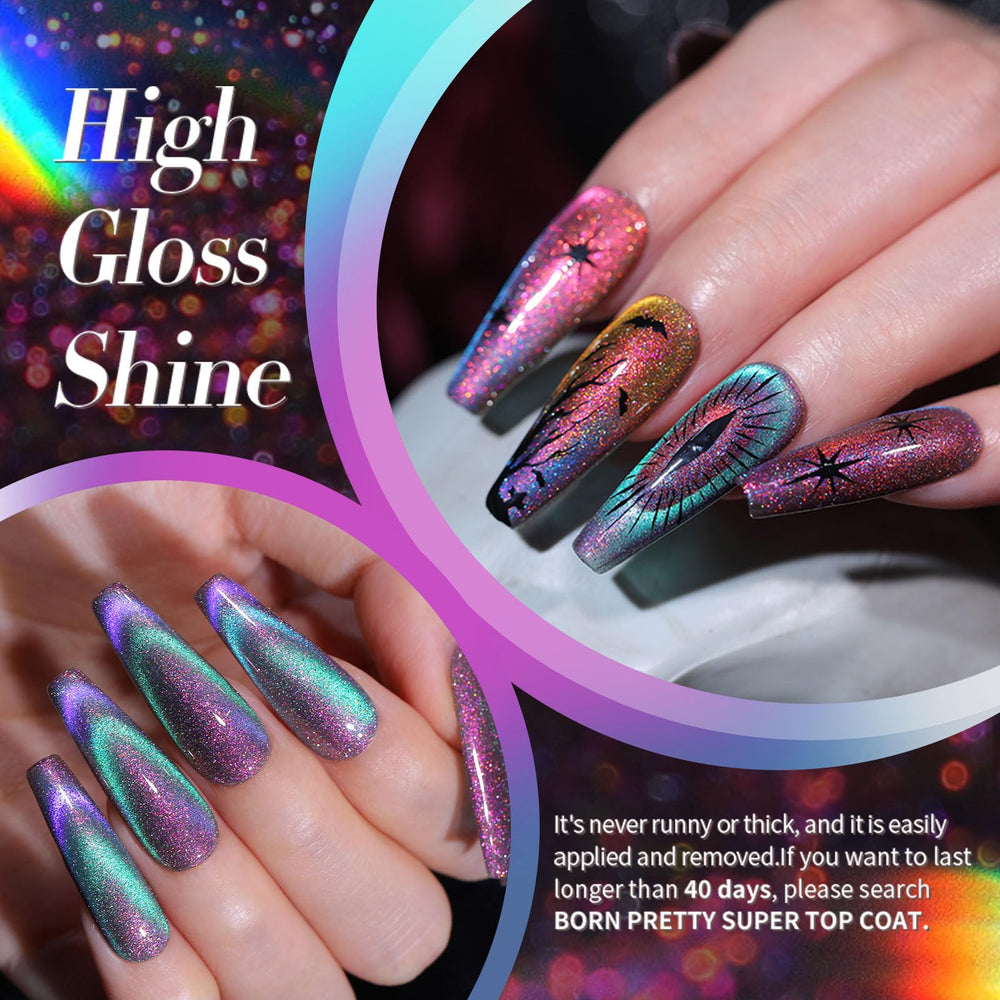 Born Pretty cat magnetic gel nail polish 9D cat-eye-effect demonstrates magnetic shift under light.