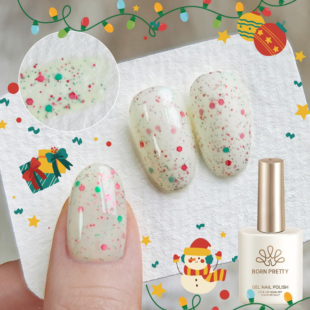 Born Pretty Christmas Jelly Glitter Gel Nail Polish kit bottle with festive sparkle for holidays.