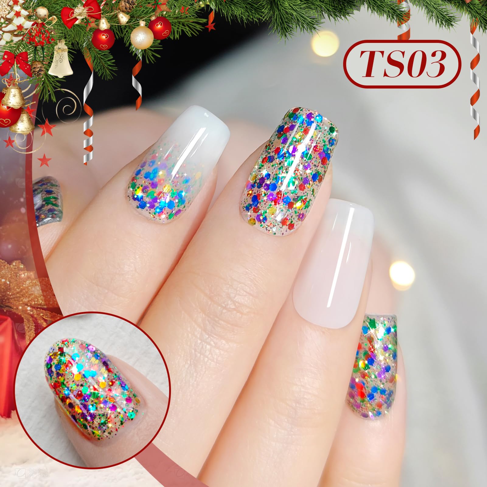 Born Pretty jelly sequins swatch reveals translucent finish with sparkling holiday glitter.
