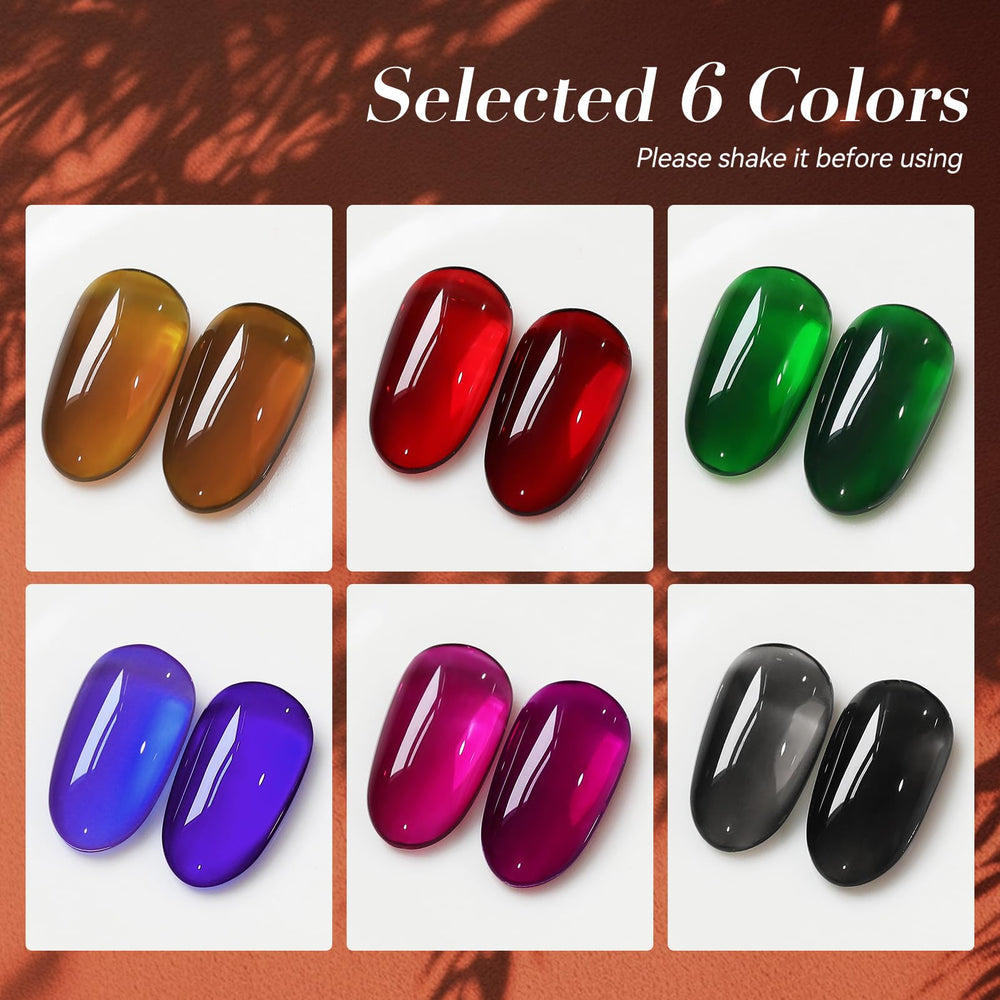 Born Pretty Jelly Gel color swatches show six hues for seasonal nail art inspiration.