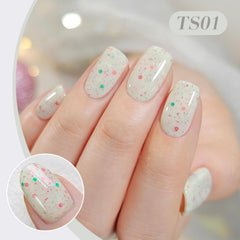 Born Pretty milky white shimmer jelly gel nails with reflective finish for chic manicures.