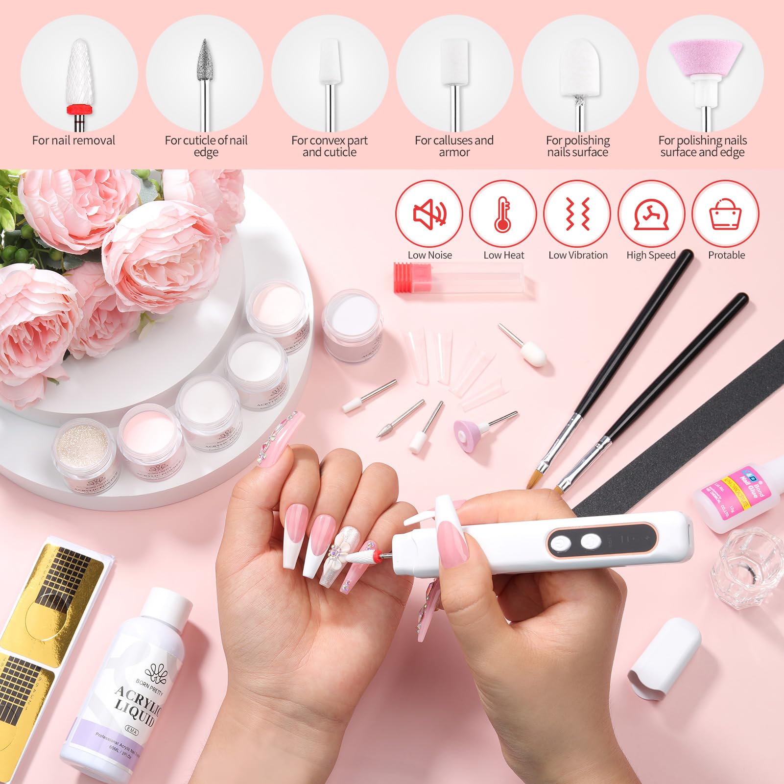 Born Pretty nail drill bits six-piece set enables precise detailing.