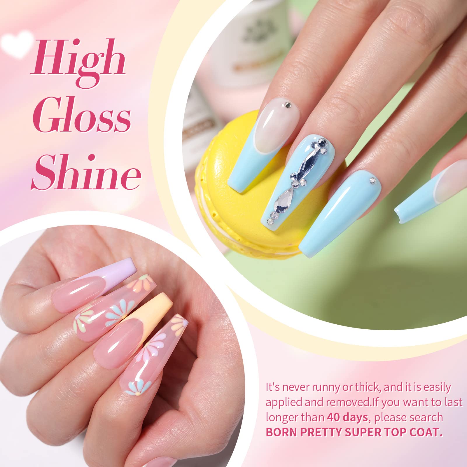 Born Pretty pastel gel nail polish set bottle close-up highlighting smooth brush and gloss.
