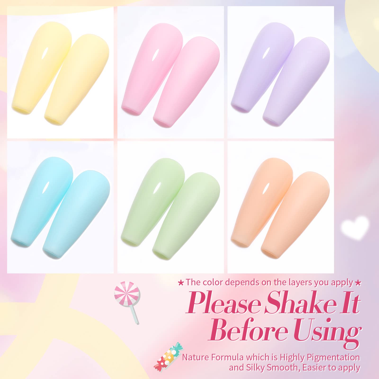 Born Pretty pastel gel nail polish set color swatches reveal candy-inspired hues for spring looks.